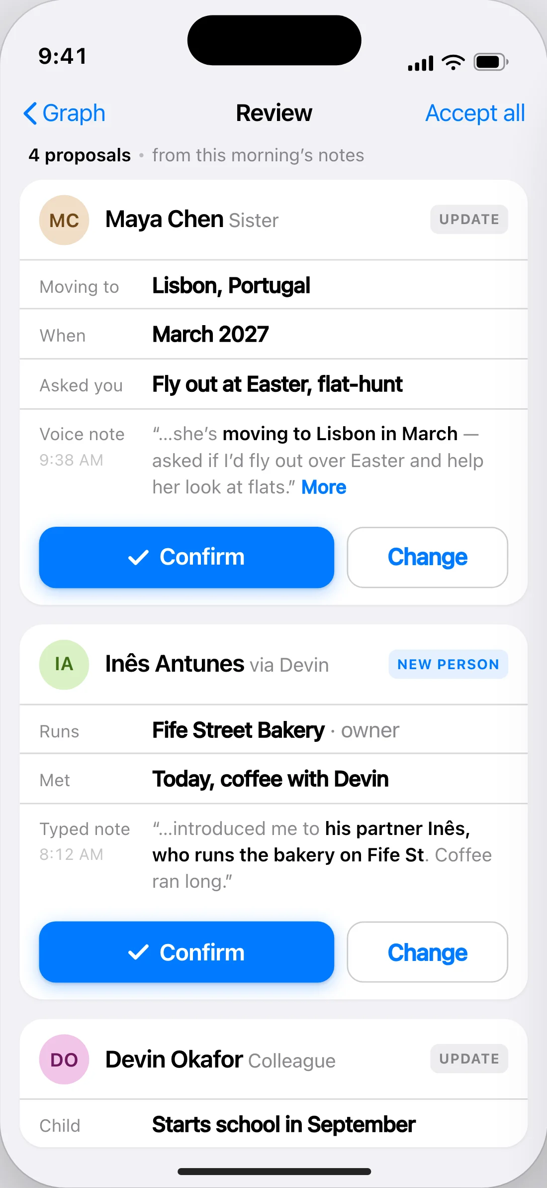 Relational’s review queue: four things it read from this morning’s notes, waiting to be checked. The first is for Maya Chen, sister — moving to Lisbon, Portugal; when, March 2027; asked you, fly out at Easter to flat-hunt — with the voice note it came from quoted underneath and two buttons, Confirm and Change.